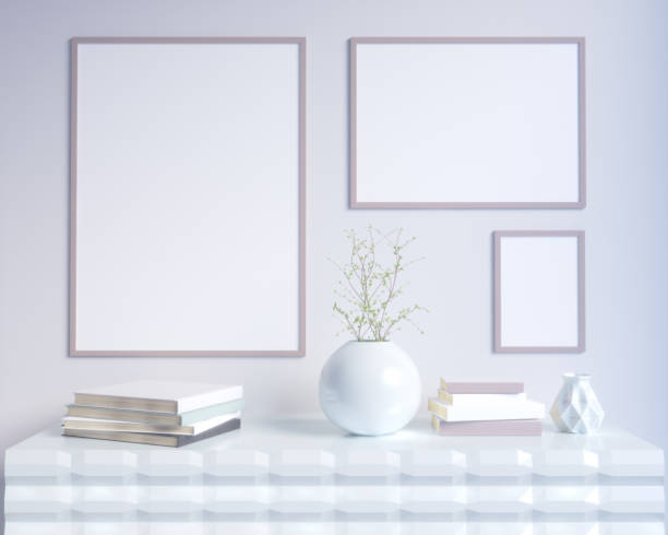 istock Concept interior, mock up poster on wall, 3d illustration render,  rendering,  retro,  room,  scandinavian,  shine,  studio,  style,  table, 950005826