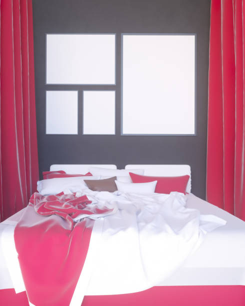 istock Poster over bed in bedroom, interior, background, 3D rendering, 3D illustration 950010100