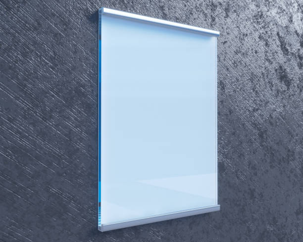 istock Transparent signboard on concrete wall, mock up 3d illustration style,  symbol,  template,  transparent,  up,  wall,  white 950011488