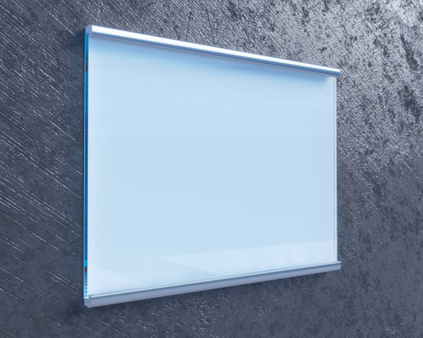 istock Transparent signboard on concrete wall, mock up 3d illustration style,  symbol,  template,  transparent,  up,  wall,  white 950014762