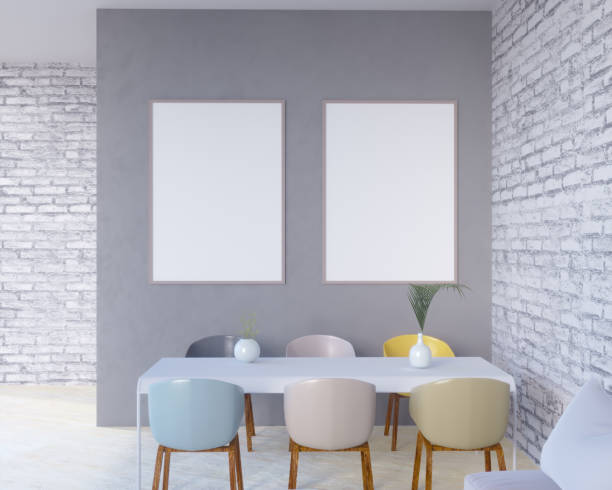 istock Concept interior, mock up poster on wall, 3d illustration render,  rendering,  retro,  room,  scandinavian,  shine,  studio,  style,  table, 950015892