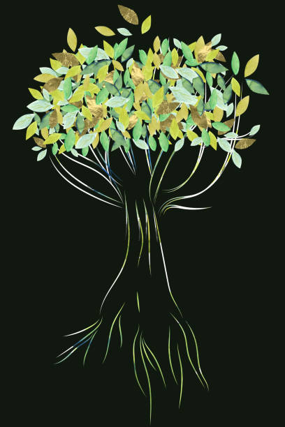 istock Abstract tree with green watercolor and golden leaves isolated on dark green background 950020922