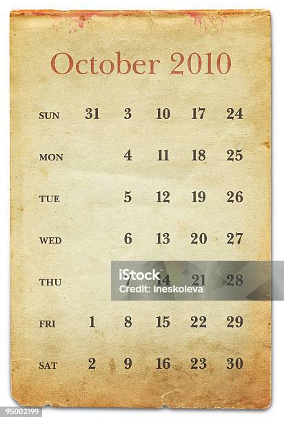Oktober 2010alte Papierkalender Stockfoto und mehr Bilder von 2010 - 2010, Alt, Altertümlich