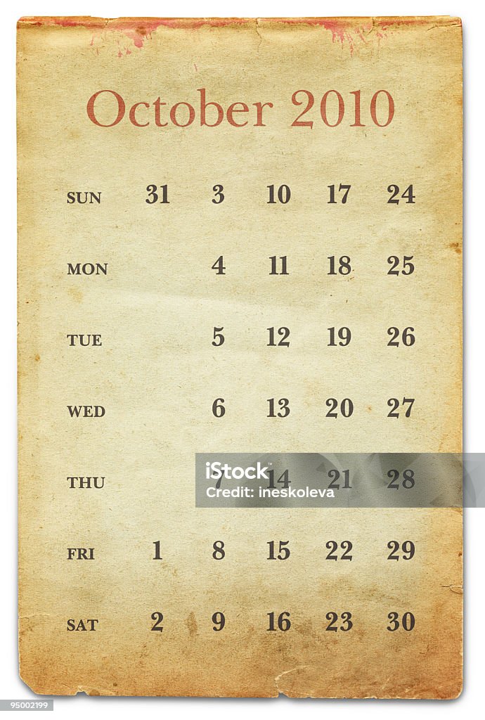Velho papel de outubro de 2010-calendário - Foto de stock de 2010 royalty-free
