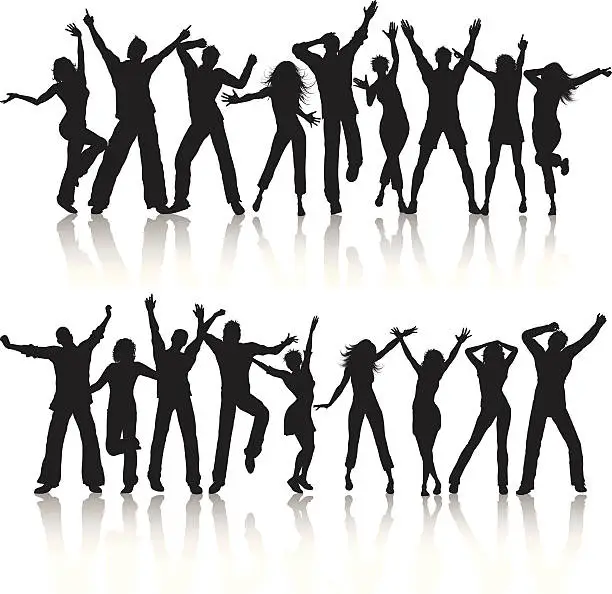 Vector illustration of Two lines of silhouettes of people dancing energetically