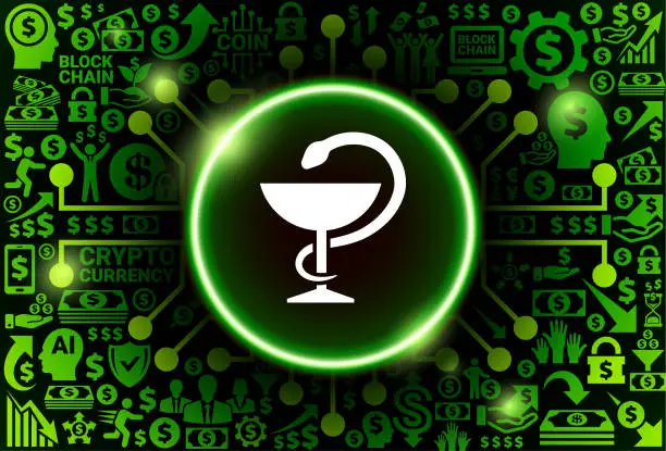 Vector illustration of Medical Goblet and Snake Icon on Money and Cryptocurrency Background