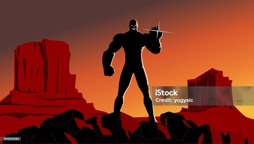 Vector Super Villain Silhouette with Valley Background A silhouette style vector illustration of a super villain standing on rocks with monument valley in the background. Wide space available for your copy. Villain stock vector