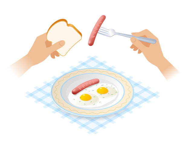 płaska izometryczna ilustracja talerza z omletem, rękami, chlebem, kiełbaskami. - fork plate isolated scrambled eggs stock illustrations