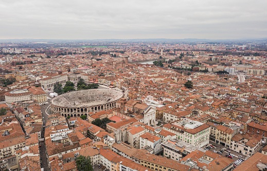 Cityscape of Verona city and Arena di Verona, Italy. Aerial view