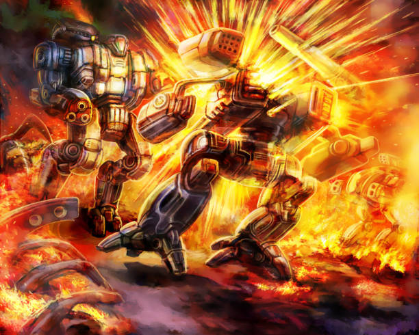 Battle of combat robots Battle of combat robots. Science fiction illustration. Original military characters. Aflame stock illustrations