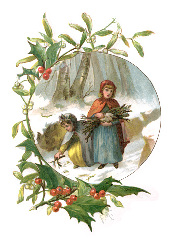 Two young Victorian girls collecting firewood in snowy woodland. The illustration is set within a border of holly and mistletoe leaves and berries.
From “Nurse’s Memories” written by Charlotte Yonge and illustrated by Frederick Marriott and Florence Maplestone. Published in 1888 by E. & J.B. Young & Co, New York and printed in London by Eyre & Spottiswoode.
