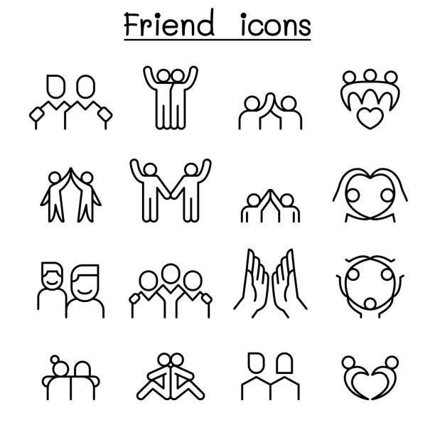 friendship & friend icon set in dünner linie stil - männerfreundschaft stock-grafiken, -clipart, -cartoons und -symbole