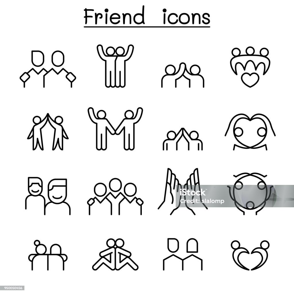 Conjunto de ícones de amizade & amigo em estilo de linha fina - Vetor de Amizade royalty-free