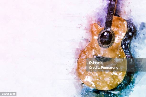 Abstract Beautiful Guitar Acoustic In The Foreground On Watercolor Painting Background And Digital Illustration Brush To Art Stock Photo - Download Image Now