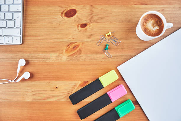 istock Desk with various office supplies, flat lay 950057122