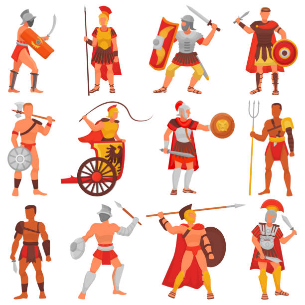 ilustraciones, imágenes clip art, dibujos animados e iconos de stock de gladiator vector carácter guerrero romano en armadura con espada o arma y escudo en conjunto de ilustración de roma antigua de hombre griego warrio luchando en guerra aislado sobre fondo blanco - roma