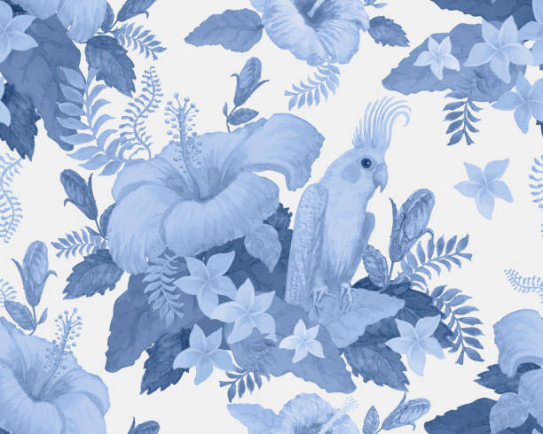 Seamless floral pattern from hand drawn blue colored watercolor hibiscus, Australian parrot, exotic small flowers and fantasy tropical foliage on light beige background Seamless floral pattern from hand drawn blue colored watercolor hibiscus, Australian parrot, exotic small flowers and fantasy tropical foliage on light beige background echo parakeet stock illustrations