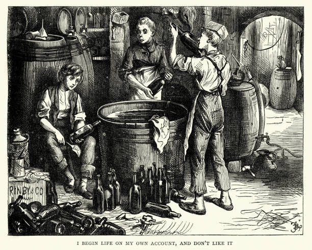 Vintage engraving of a scene from the Charles Dickens novel David Copperfield. I begin life on my own account, and don't like it.  llustration by Fred Barnard