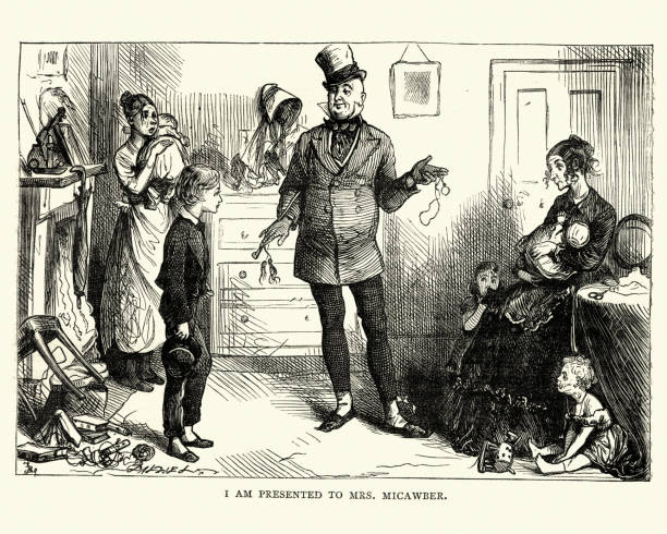 David Copperfield, Charles Dickens, I am presented to Mrs. Micawber Vintage engraving of a scene from the Charles Dickens novel David Copperfield.I am presented to Mrs. Micawber.  llustration by Fred Barnard charles dickens stock illustrations