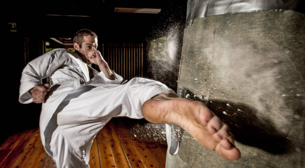 calcio di karate in un sacco da boxe - karate foto e immagini stock