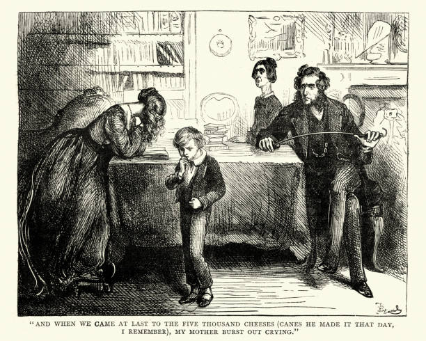 David Copperfield by Charles Dickens, my mother burst out crying Vintage engraving of a scene from the Charles Dickens novel David Copperfield.  And when we came at last to the five thousand cheeses (canes he made it that day, I remember), my mother burst out crying. llustration by Fred Barnard charles dickens stock illustrations