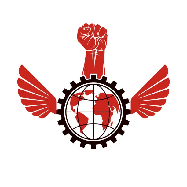 Vector illustration of Vector illustration composed with industrial gear, raised clenched fist and Earth globe. Proletarian leader abstract vector illustration, social revolution concept.