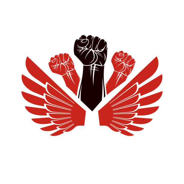 istock Winged clenched fists of angry people vector emblem. People demonstration, fighting for their rights and freedom. 950067138