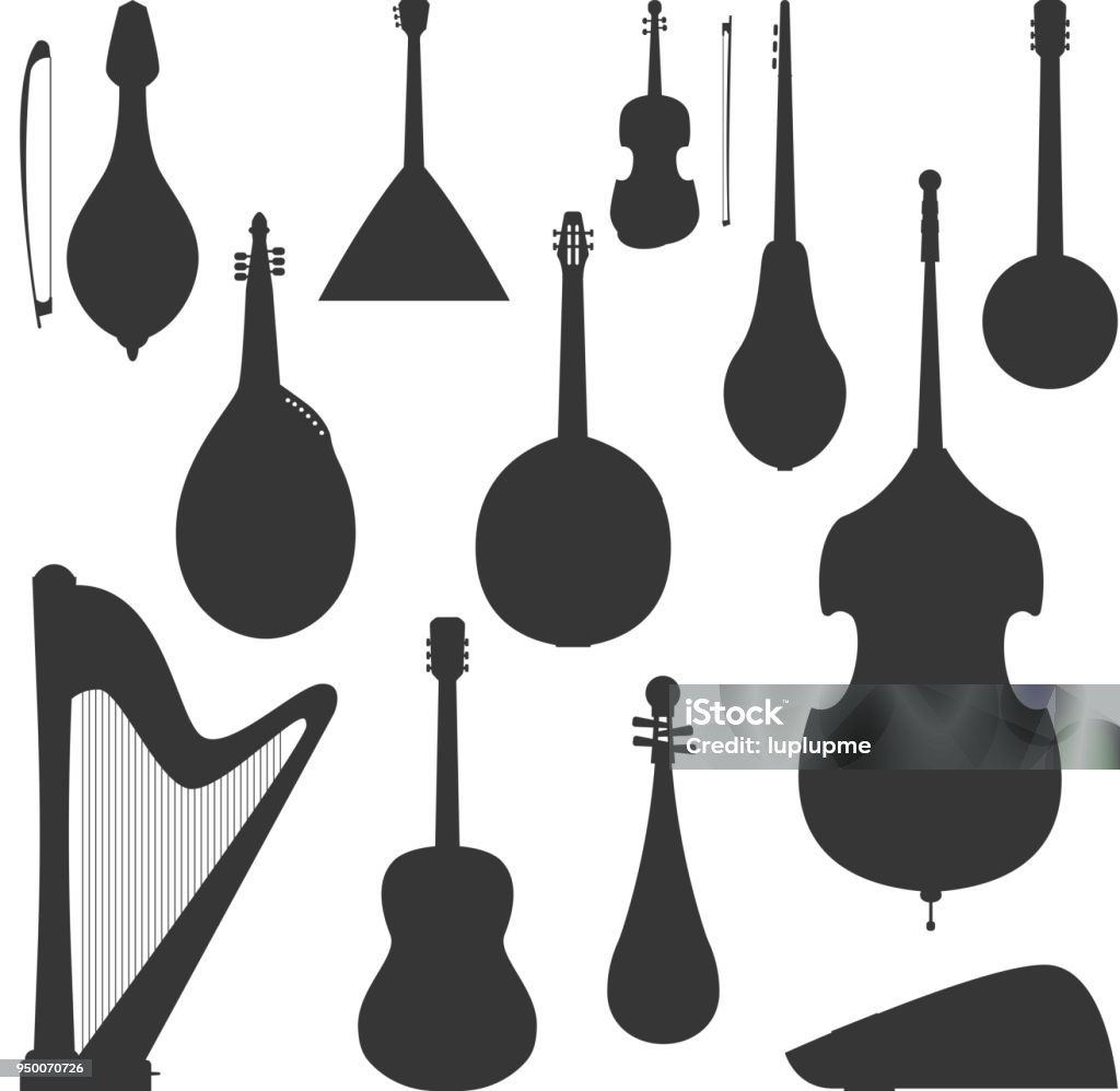 Stringed dreamed musical instruments silhouette classical orchestra art sound tool and acoustic symphony fiddle wooden equipment vector illustration Stringed dreamed musical instruments silhouette classical orchestra art sound tool and acoustic symphony stringed fiddle wooden equipment vector illustration. Musical Instrument stock vector