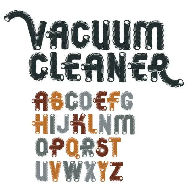 Vector illustration of Set of cool vector upper case English alphabet letters isolated. Trendy rounded font, script from a to z can be used in poster creation. Made with 3d cylinder tube design, industry style.