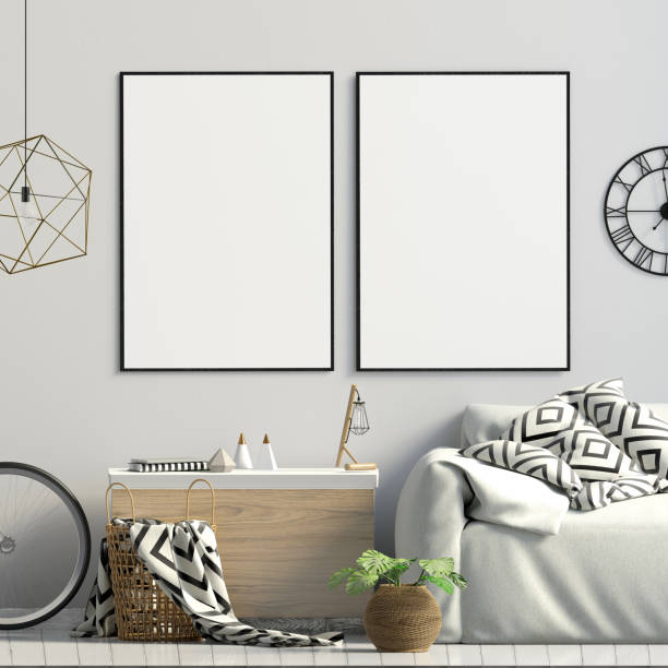istock Modern interior with rack, plant and sofa. Poster mock up. 3d illustration 950080208