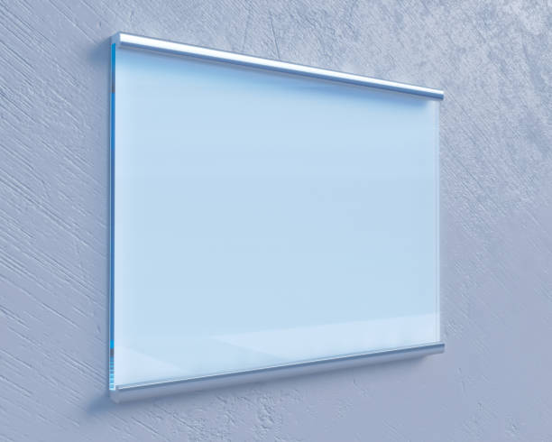 istock Transparent signboard on concrete wall, mock up 3d illustration style,  symbol,  template,  transparent,  up,  wall,  white 950091044