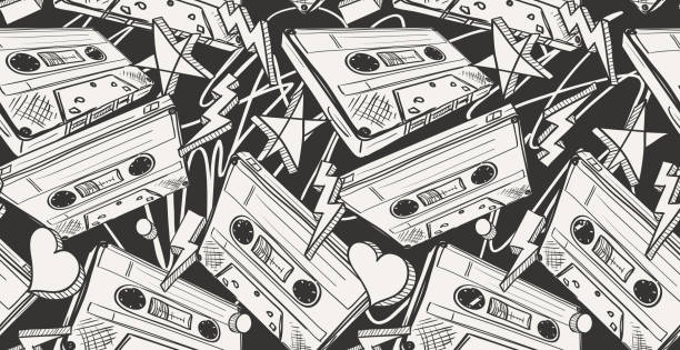 ilustrações, clipart, desenhos animados e ícones de padrão sem emenda desenhada de cassettes áudio - instrumental hip hop