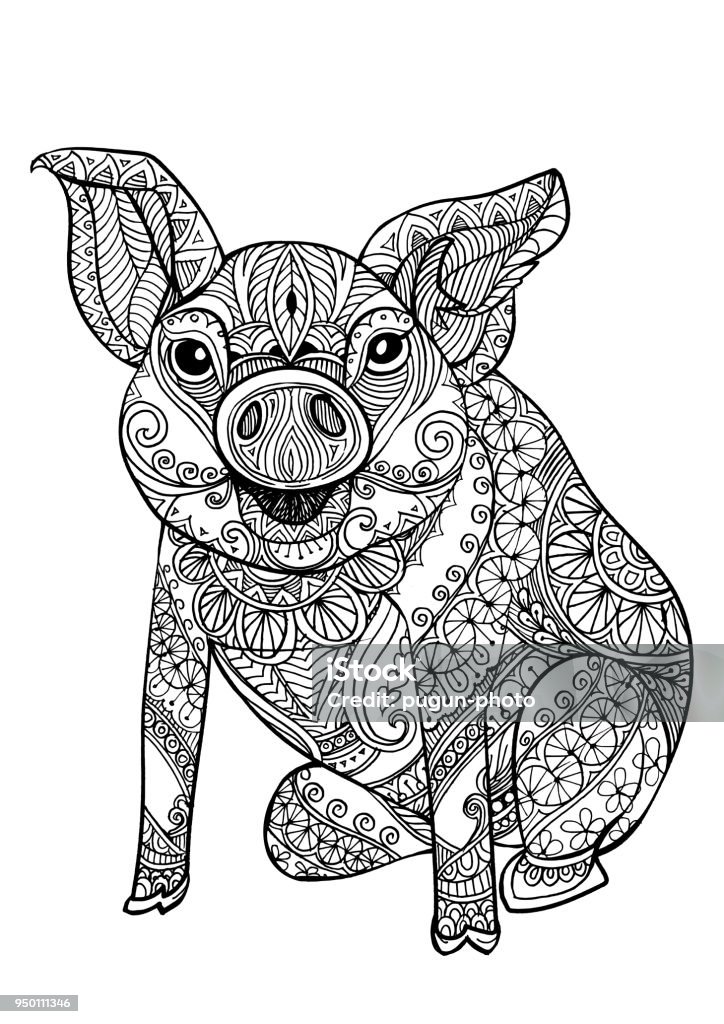 Vector hand drawn illustration with pig.  or doodle piglet,Hand drawn artistically ornamental patterned decorative animal for tattoo, boho design Abstract stock vector