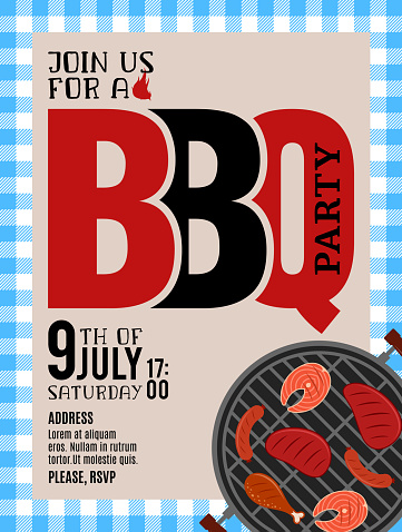 Vector barbecue party invitation. BBQ, meat and grill icons.