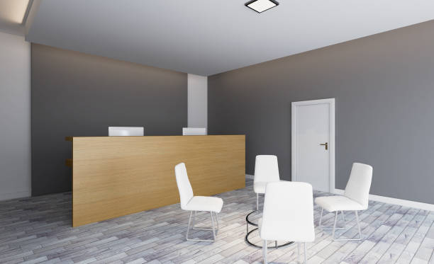 istock Front view of an office interior with a row of dark wood tables. 3D rendering. 950126708