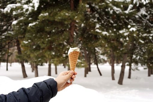 Woman tourist holding ice cream on her hand at nature park, Nara city, Japan