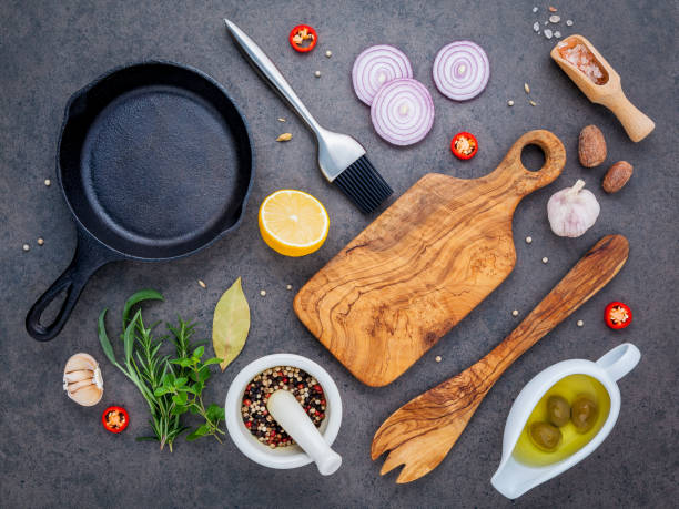 istock Empty old cast iron skille on dark stone background. Ingredients for making steak  concept with copy space . Various herbs and seasoning rosemary ,sage ,bay leaves ,basil ,garlic and peppercorn. 950127948