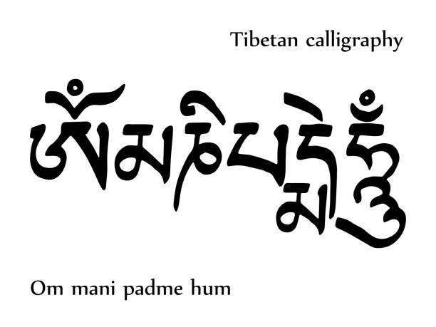 ilustraciones, imágenes clip art, dibujos animados e iconos de stock de fuentes de caligrafía sánscrito om mani padme hum, traducción: libertad de dolor y dando de la compasión. mantra del budismo tibetano. ilustración de vector - tibetan script