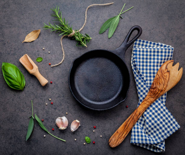 istock Empty old cast iron skille on dark stone background. Ingredients for making steak  concept with copy space . Various herbs and seasoning rosemary ,sage ,bay leaves ,basil ,garlic and peppercorn. 950130158
