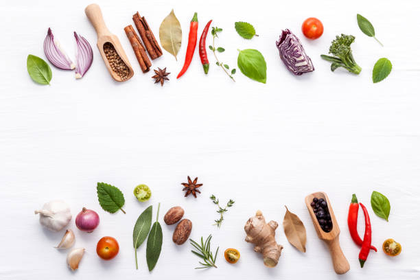istock Various fresh vegetables and herbs on white background.Ingredients for cooking concept sweet basil ,tomato ,garlic ,pepper and onion with flat lay. 950130766