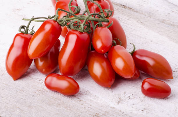 bunch of ripe San Marzano tomatoes bunch of freshly picked San Marzano tomatoes laid down on a light wooden table Roma Tomato stock pictures, royalty-free photos & images