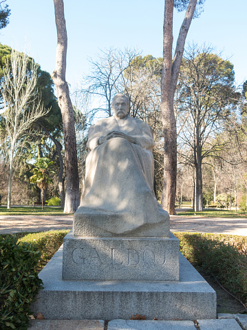 Statue of the writer Benito Perez Galdos (1843-1920)  the Retiro Park in Madrid, Spain. He was a Spanish realist novelist. Some authorities consider him second only to Cervantes in stature as a Spanish novelist.