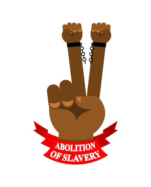 Abolition of slavery. Hand symbol victory. Arm slave with broken shackles. Broken chain. Abolition of slavery. Hand symbol victory. Arm slave with broken shackles. Broken chain. background of slaves in chains stock illustrations