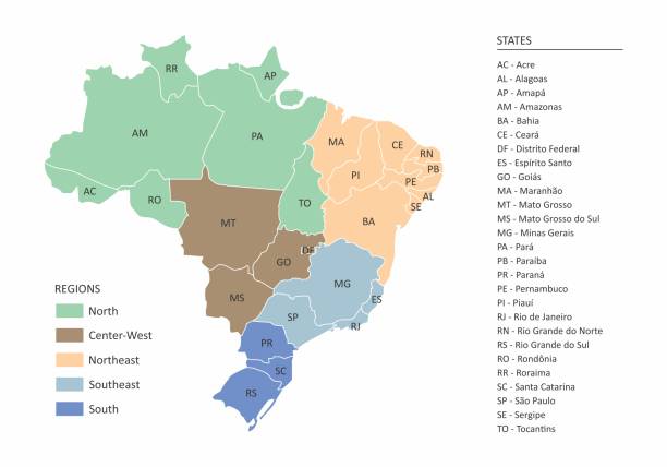 Map of Brazil Map of Brazil with divisions of states and regions brazil stock illustrations