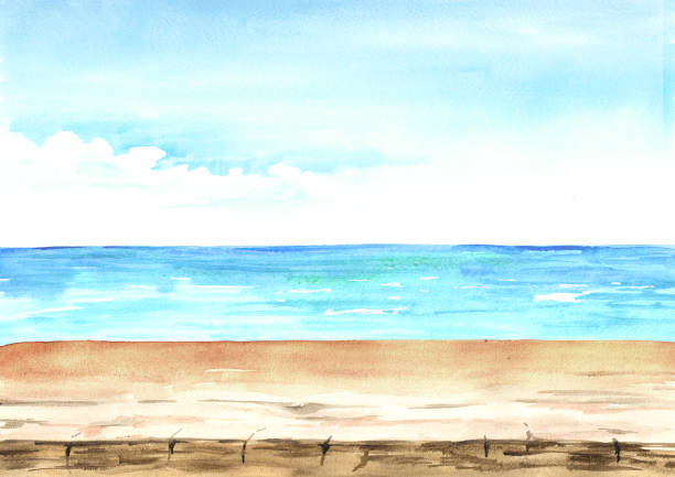 istock Summer background with empty table and sea. Watercolor hand drawn illustration 950138600