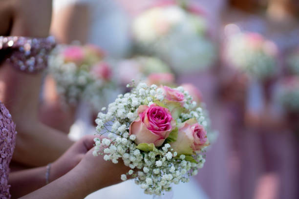 istock A bride and bridesmaids in pink dresses holding their bouquets. 950144408