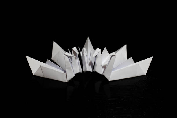 istock Origami folding paper, paper crane in circle in a black background composition 950148162