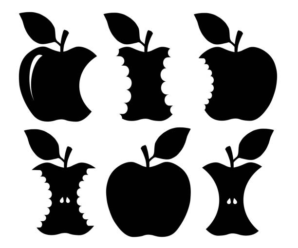 illustrations, cliparts, dessins animés et icônes de silhouette pomme mordue - pomme