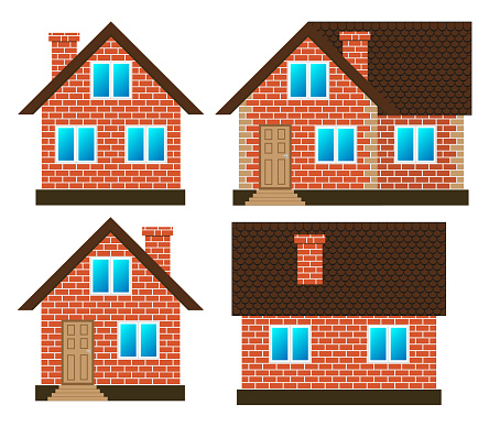 House made of red bricks on different sides, set vector isolated