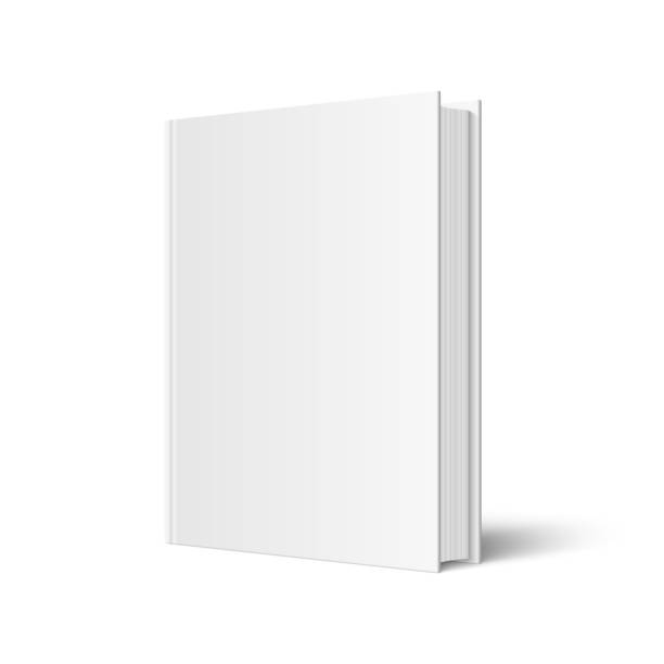 Vector mock up of standing book Vector mock up of standing book with white blank cover isolated. Closed vertical hardcover book, catalog or magazine mockup on white background. 3d illustration. Diminishing perspective. shadow illustrations stock illustrations